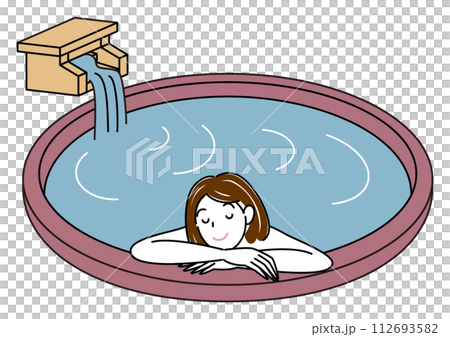 一個可愛的裸體女人在天然溫泉水的露天浴池中享受愉快沐浴的簡單插圖 112693582