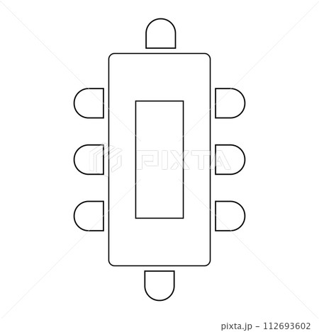 Business meeting, seminar, training, group coaching seatings arrangement. Table and chairs icons top view. Schema of seats. Workspace floorplan map. Vector outline illustration 112693602