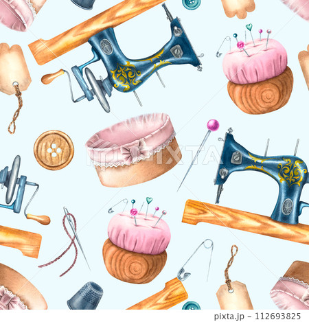 Seamless pattern on a colored background with sewing machine, pincushion, safety pin, thimble, buttons, needles. Hand drawn watercolor illustration on isolated background for textile design, cards 112693825