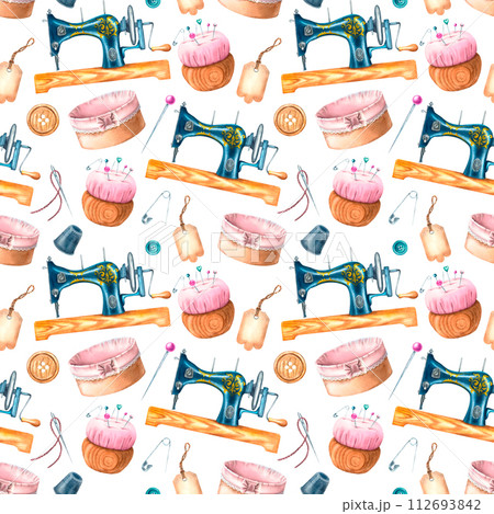 Seamless pattern with sewing machine, pincushion, safety pin, thimble, buttons, pins, buttons and needles. Hand drawn watercolor illustration on isolated background for print, textile design, cards 112693842