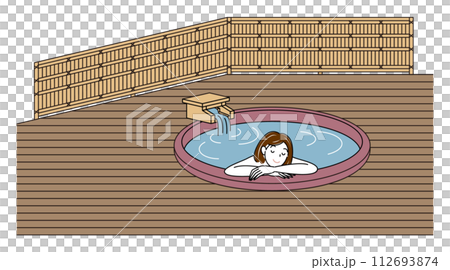 可愛的裸體女人在帶露天浴池的客房內，在帶有自由流動溫泉的陶瓷浴池中享受愉快的沐浴。簡單 112693874