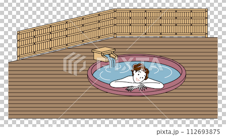 可愛的裸體女人在帶露天浴池的客房內，在帶有自由流動溫泉的陶瓷浴池中享受愉快的沐浴。簡單 112693875