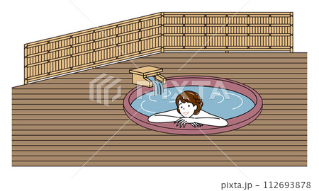 露天風呂付客室の源泉掛け流し温泉の陶器風呂で気持ちよさそうに入浴をしている裸の可愛い女性 シンプル 露天風呂付客室の源泉掛け流し温泉の陶器風呂で気持ちよさそうに入浴をしている裸の可愛い女性 シンプル 112693878