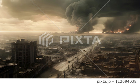 AI-generated content. Post apocalyptic war background of desert city wasteland with destroyed buildings, generated AI 112694039