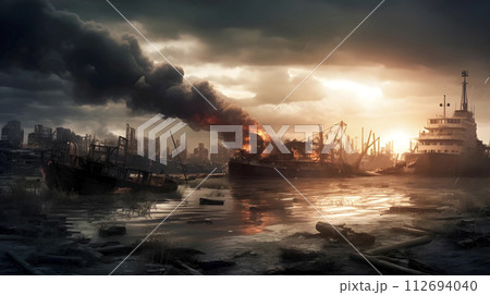 AI-generated content. Post apocalyptic war background of desert city wasteland with destroyed buildings, generated AI 112694040