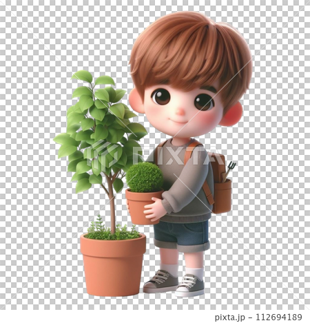 boy holding a potted plant 3d render illustration 112694189