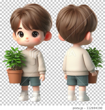 boy holding a potted plant 3d render illustration 112694190