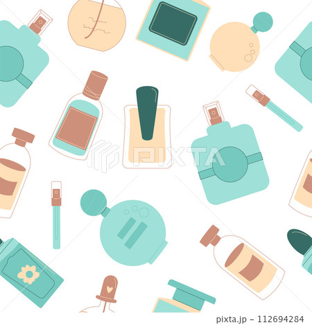 Perfumery seamless pattern. Fragrance endless background. Beauty and fashion cover. Vector 112694284