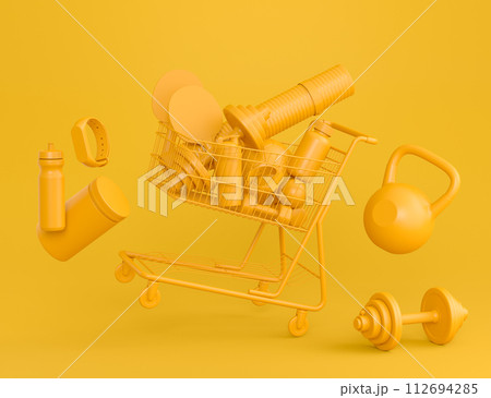 Sport equipment for fitness, gym in shopping basket on monochrome background. 3d render of power lifting and fitness concept 112694285