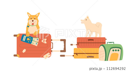 Travel with dog. Corgi and puppy with passport, flight tickets and suitcase near pets carrier isolated on white background. Trip for adventure and rest with domestic animal. Vector flat illustration 112694292