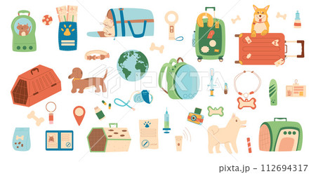 Travel with pets set. Tourism supplies and accessories for domestic animals elements isolated on white background. Pets carrier, collar, passport and id tag. Trip with cats and dogs. Vector flat Travel with pets set. Tourism supplies and accessories for domestic animals elements isolated on white background. Pets carrier, collar, passport and id tag. Trip with cats and dogs. Vector flat 112694317