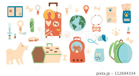Travel with pets set. Tourism supplies and accessories for domestic animals elements isolated on white background. Pets carrier, collar, passport and id tag. Trip with cats and dogs. Vector flat 112694334