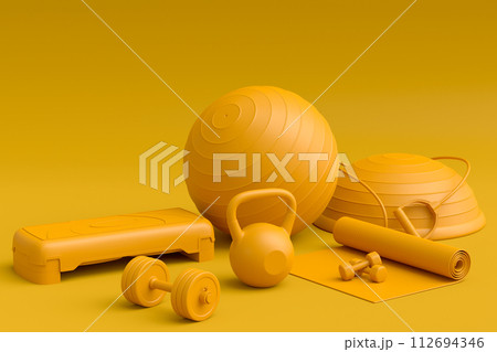 Isometric view of sport equipment like yoga mat, kettlebell, fitness ball and smart watches on monochrome background. 3d render of power lifting and fitness concept 112694346