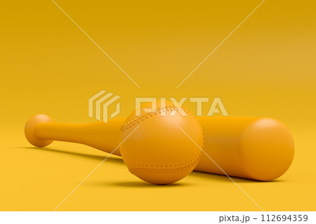 Wooden professional softball or baseball bat and ball isolated on monochrome background. 3d rendering of sport accessories for team playing games Wooden professional softball or baseball bat and ball isolated on monochrome background. 3d rendering of sport accessories for team playing games 112694359