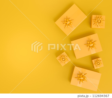 Gift boxes with ribbon and bow flying and falling on monochrome background. 3d render concept of greeting design Birthday, Merry Christmas, Black friday, New Year 112694367