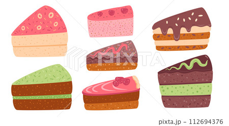 Slice of cakes set. Sweet bakery piece. Pastry dessert with cream. Vector pie flat illustration isolated on white background 112694376