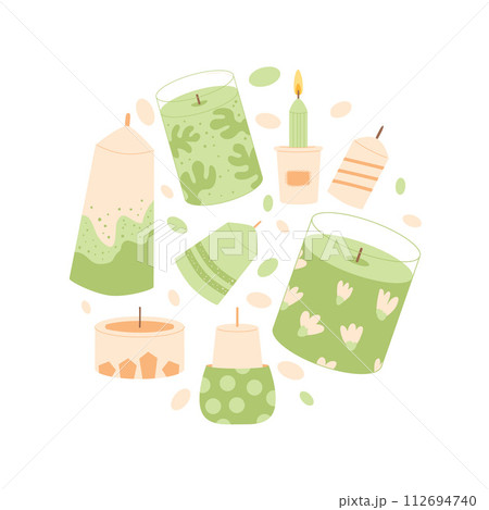 Scented candles round composition. Wax, soy, paraffin candles in containers pillar circle emblem. Spa accessories for relax. Interior cosy decoration. Vector illustration isolated on white background 112694740