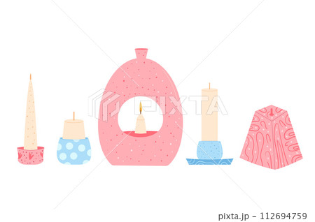 Handmade soy candles set. Handmade aromatic candlelight isolated in white background. Hygge time. Aromatherapy and relaxation home decor. Vector handdrawn illustration 112694759