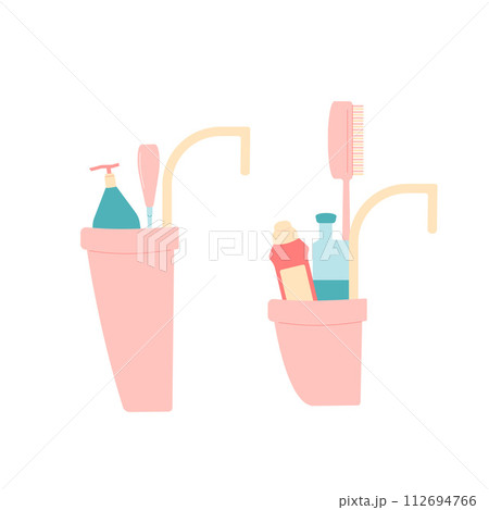 Cleaning container set. Equipment elements for wash home isolated on white background. Housework concept. Bucket, spray various tools. Vector flat illustration 112694766