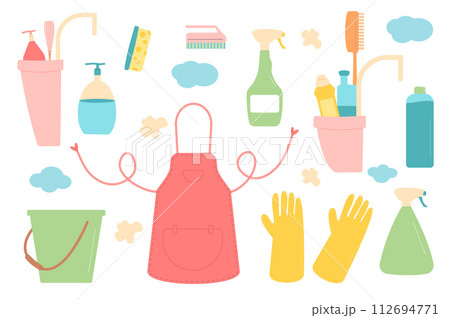 Spring cleaning set. Equipment elements for wash home isolated on white background. Housework concept. Bucket, apron gloves and mop spray various tools. Vector flat illustration 112694771