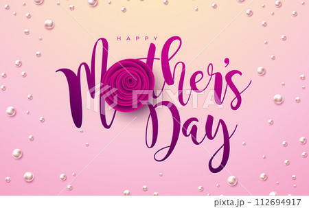 Happy Mother's Day Banner or Postcard with Paper Hearts and Rose Flower on Pink Background. Vector Mom Celebration Design with Symbol of Love for Greeting Card, Flyer, Invitation, Brochure, Poster. 112694917