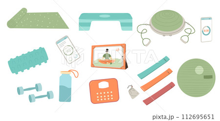 Fitness home workout equipment isolated on white background. Remote yoga application. Online training. Resistant band, exercise ball, step platform. Vector flat illustration 112695651