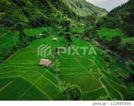 Aerial view of rice terraces in scenic valley on Bali. Mountain landscape with rice fields. Aerial view Aerial view of rice terraces in scenic valley on Bali. Mountain landscape with rice fields. Aerial view 112695850