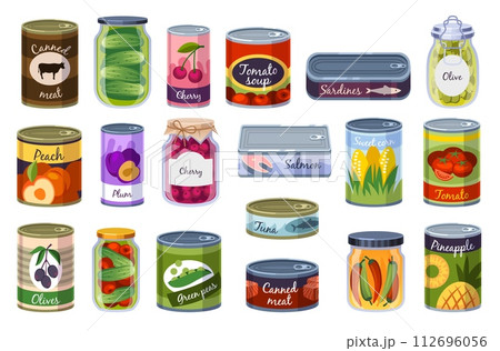 Cans preserved products. Canned food, glass jars with vegetables, fruits, tins with meat and fish, homemade compotes, pickles and jams, cartoon flat isolated illustration, tidy vector set 112696056