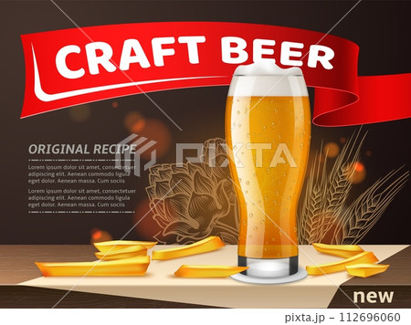 Craft beer. Glass with foam drink on table and fried potato. Alcohol cold beverage with brewery bubbles. Drinking lager in bar. Advertising promotion banner, realistic isolated vector concept Craft beer. Glass with foam drink on table and fried potato. Alcohol cold beverage with brewery bubbles. Drinking lager in bar. Advertising promotion banner, realistic isolated vector concept 112696060