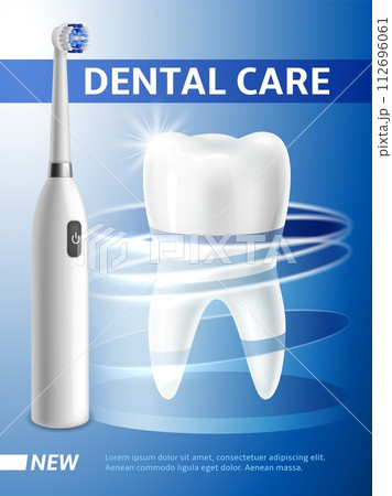 Dental care. Electric toothbrush and white tooth. Daily hygiene. Stomatology clinic poster. Professional tools for oral care advertising. Ad banner template. Realistic isolated vector concept 112696061
