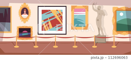 Empty art gallery. Contemporary exhibition hall interior, sculptures and paintings, abstractionism, classics and avant garde exhibition, cartoon flat isolated illustration tidy vector concept 112696063