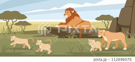 Lion family in savannah. Cubs and lioness resting, wild animals pride, feline family strong predators, king of beasts, Africa panorama cartoon flat isolated illustration, tidy vector concept 112696078