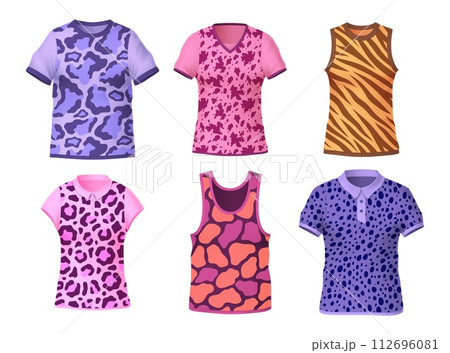 Patterned t shirts. Animal print, trendy colorful safari shirt. Wildlife cat camouflage pink and purple. Fashion cotton with short sleeves modern dresses. Realistic isolated vector set 112696081