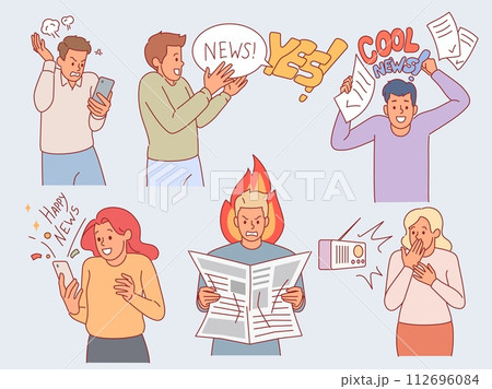 People receive different information. Positive and negative reactions, happy and sad characters, good and bad news, social media content, newspaper and radio. Cartoon flat isolated vector set People receive different information. Positive and negative reactions, happy and sad characters, good and bad news, social media content, newspaper and radio. Cartoon flat isolated vector set 112696084