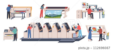 Polygraph equipment. Printing house, workers at machines, printed materials, newspapers and books, automated production. Typography press process cartoon flat isolated nowaday vector set 112696087