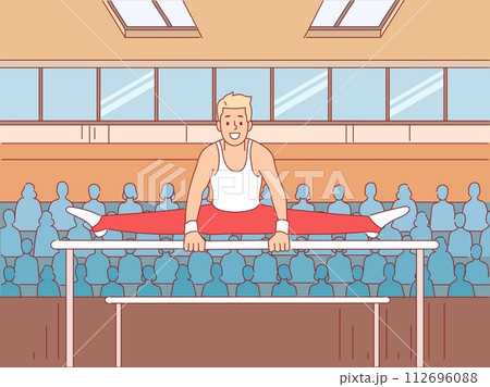 Power gymnast performance. Participation of sports competitions, professional athlete does splits on uneven bars, flexible young man on championship, cartoon flat illustration, vector concept 112696088