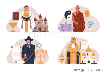 World religions. Different faiths signs, symbols, priests, preachers and missionaries, christianity and buddhism, judaism and catholicism, cartoon flat style isolated nowaday vector set World religions. Different faiths signs, symbols, priests, preachers and missionaries, christianity and buddhism, judaism and catholicism, cartoon flat style isolated nowaday vector set 112696092