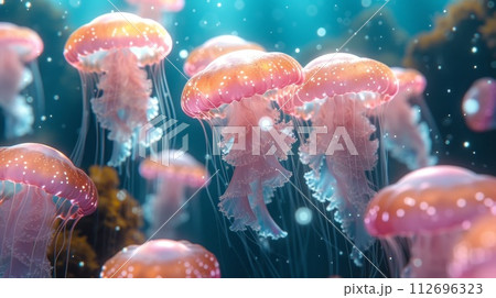 a large number of jellyfish swimming underwater 112696323