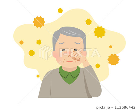 花粉症の症状が辛いシニア男性_ベクターイラスト 花粉症の症状が辛いシニア男性_ベクターイラスト 112696442