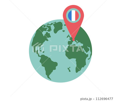 Travel France concept. Planet Earth map and location mark with flag isolated on white background. Tourism to Paris element. Trip to Europe weekend vacation. Vector flat illustration 112696477