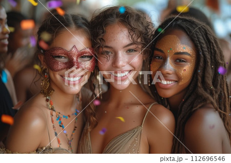 Portrait of three smiling girls at a party. Funny Brazilian women having fun at a street carnival 112696546