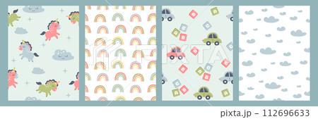 Bohemian baby seamless pattern with cute clouds, rainbow, unicorn and toy car Bohemian baby seamless pattern with cute clouds, rainbow, unicorn and toy car 112696633