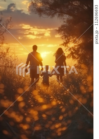 A happy family in a field at sunset 112696693