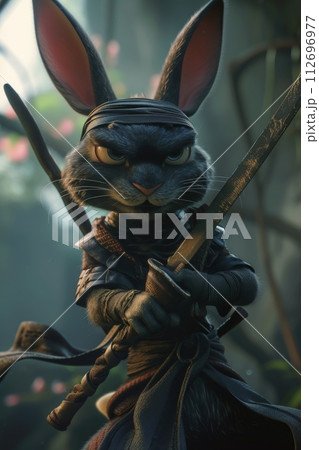 The samurai hare is in the city in the evening. 3d illustration 112696977