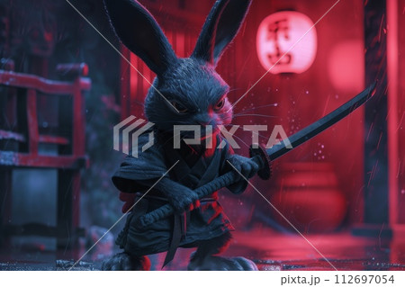 The samurai hare is in the city in the evening. 3d illustration 112697054