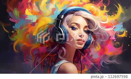Stylish girl in music headphones, immersed in contemporary enjoyment 112697598