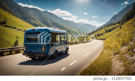 AI-generated content. Postal Car Driving on a Mountain Road on a Sunny Day 112697703