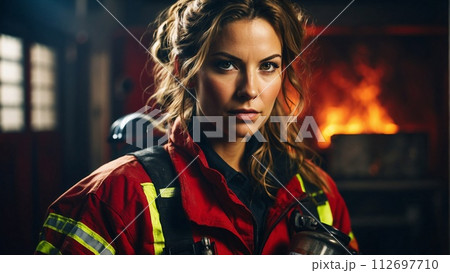 AI-generated content. Young Female Firefighter with Fire Extinguisher during Fire Incident AI-generated content. Young Female Firefighter with Fire Extinguisher during Fire Incident 112697710