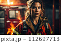 AI-generated content. Young Female Firefighter with Fire Extinguisher during Fire Incident 112697713