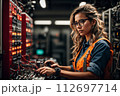 AI-generated content. An electrician woman in uniform and glasses inspects electrical equipment 112697714